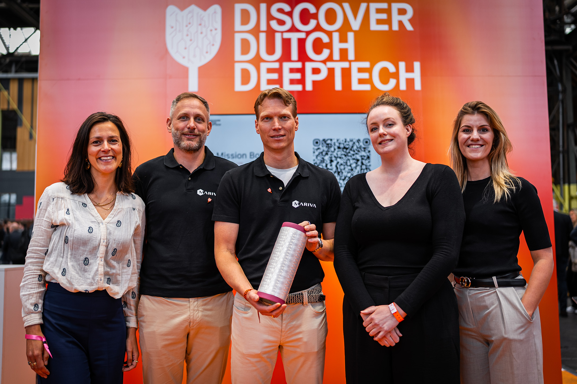 Foto: SOLIDFOCUS: Erica van Eeghen (VP Capital), Kasper Nossent (Mariva Materials B.V.), Constantijn van Oranje (Techleap), Gerard Nijhoving (Mariva Materials B.V.), Kyra Weaver (Future Tech Ventures), Tjarda Polderman (Future Tech Ventures).